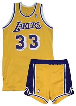 1986-87 Kareem Abdul-Jabbar Game Used, Photo Matched & Signed Los Angeles Lakers Home Jersey With Shorts (Abdul-Jabbar LOA & Sports Investors)